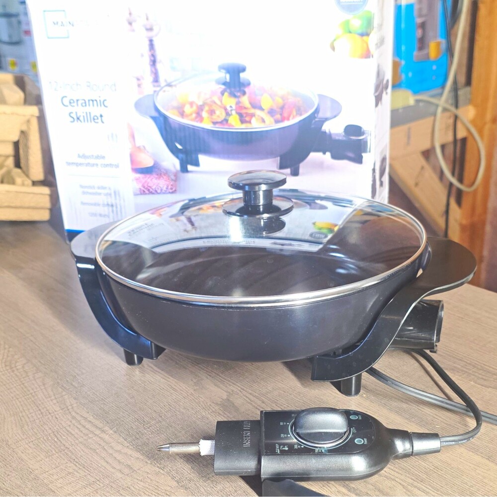 Mainstays 12in Ceramic Non-Stick Electric Skillet, Temp Control, Lid, 1200W